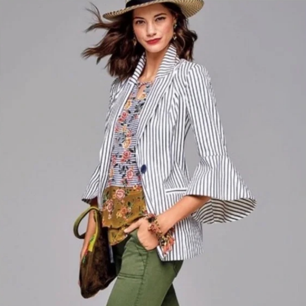CAbi Navy White Striped Bell Sleeve Long Cotton Blazer (Sp 2018) P2P Almos 18 in